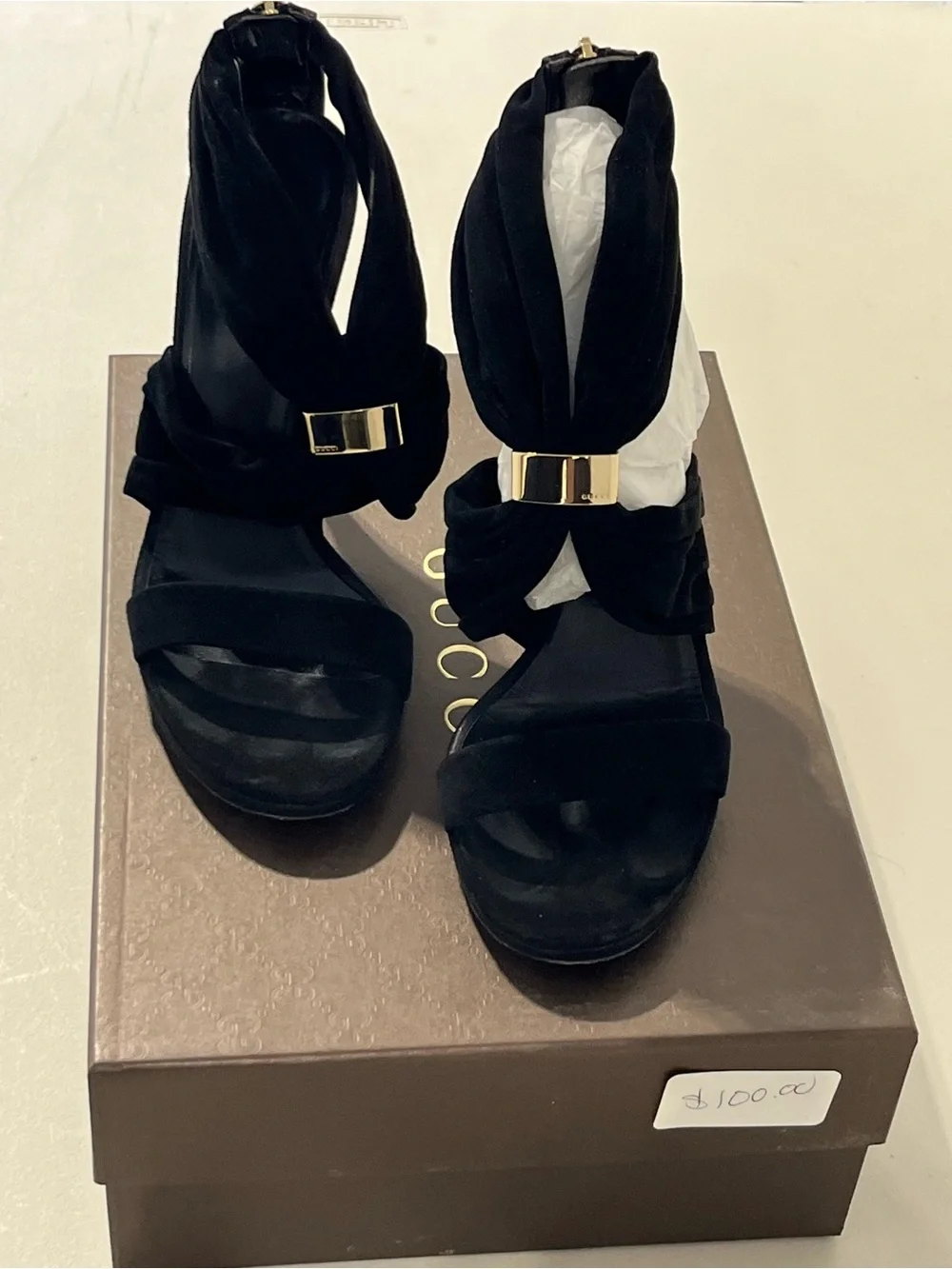 Gucci Black Suede Stiletto Sandals with Gold Accent